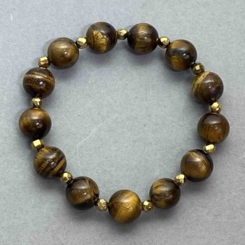 Tiger's Eye Bead Bracelet, 10 mm +/-; Faceted Hematite Beads, 3.5 mm +/-; Length 18 cm +/- Stretch