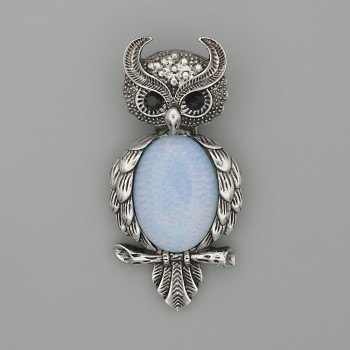 Brooch Pendant 'Owl' Moonstone, 60 x 29 mm +/- Black Crystals, Silver-Toned Metal