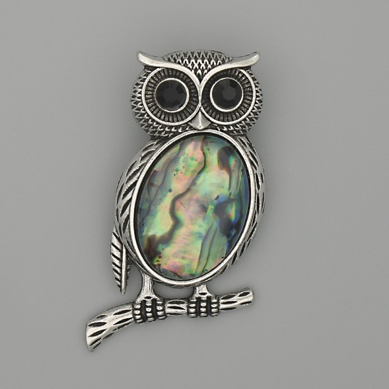 Owl Chalcedony Brooch-Pendant 45×25mm ± Black Crystals, Silver-Tone Metal