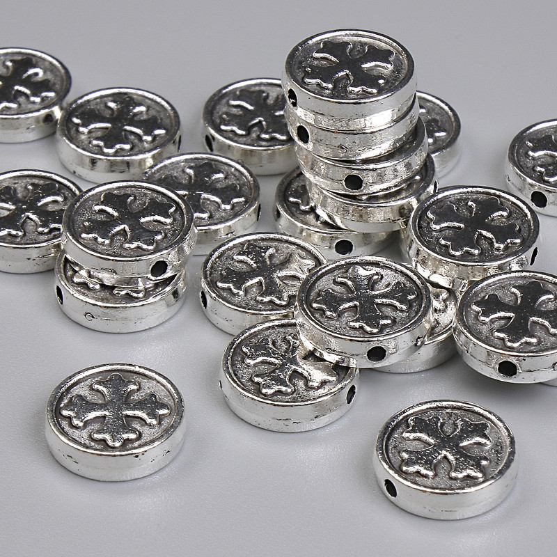 Cross-shaped Silver Bead Insert, silver-tone, 9 mm diameter, 1.4 mm hole, packaging 20 g ~ 24 pcs