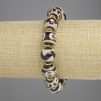 Agate Bracelet with Smooth Beads, 12 mm Diameter ±, with Metal Inserts, Length 18 cm ± Stretch