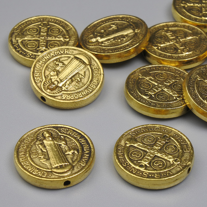 Bead Insert Saint Benedict, Gold Color, 14.5 mm Diameter, 1 mm Hole Diameter, Packaging 20 g (~10 pcs)