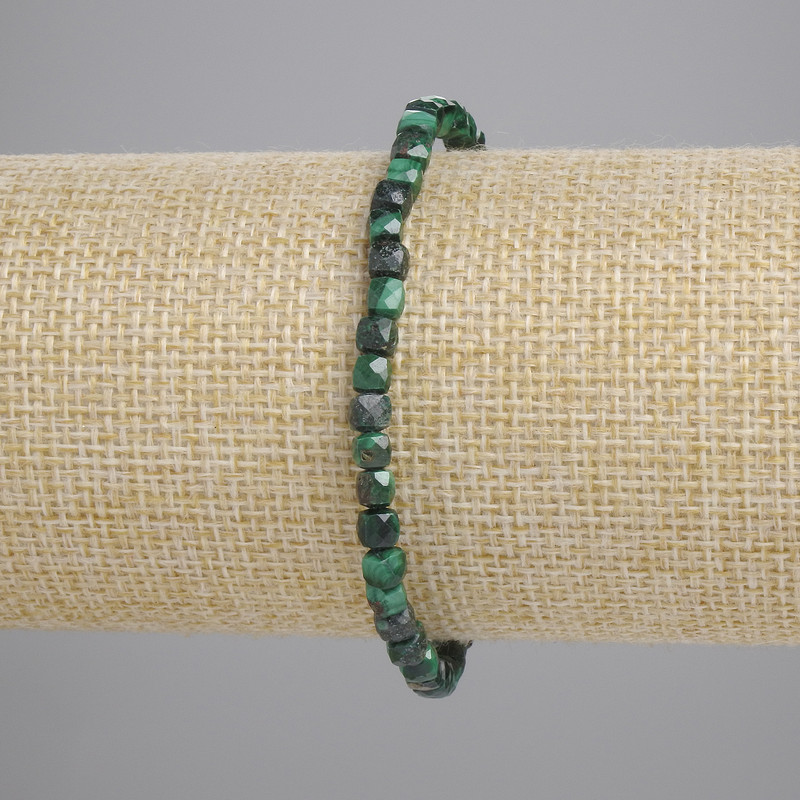 Malachite bracelet with faceted cube beads 3.5×3.5 mm, length 18 cm, stretch