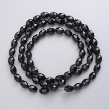 Beads Czech Crystal on Thread, Black Matte Faceted Oval Beads 8x6 mm, 56 cm Length