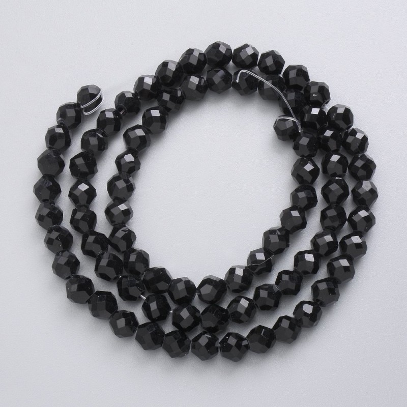 Czech Crystal Beads on Thread, Black Matte Faceted Beads, 5mm Diameter, 40 cm Length +/-