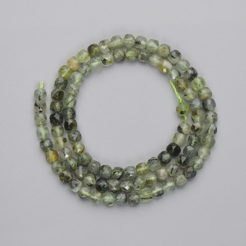 Prehnite Beads, Faceted Cubes, 4x4 mm, on Thread, Length About 38 cm+