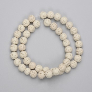 Beige lava beads, round, 8 mm diameter, on beading thread, 38 cm length