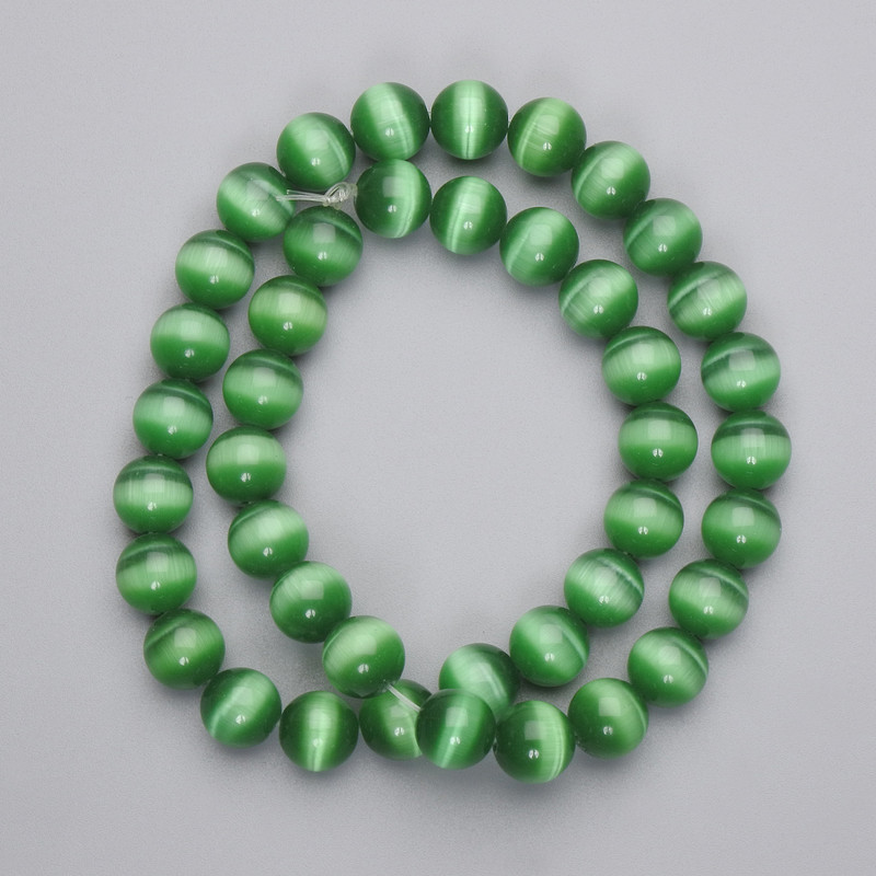 Green Cat's Eye Beads - Synthetic Gemstone Smooth Beads, 10mm Diameter, On Beading Thread, 39 cm Length