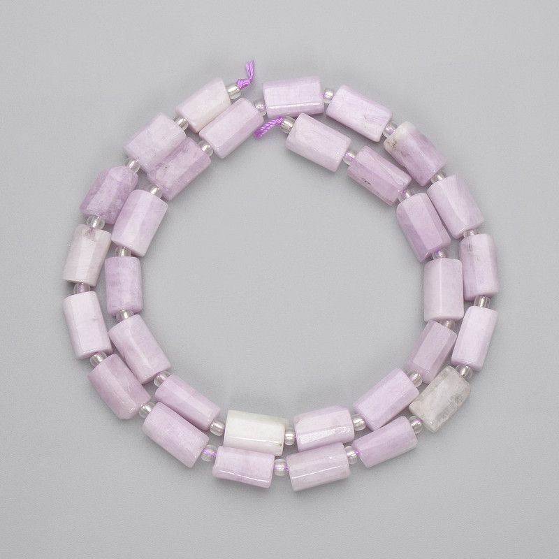 Kunzite Beads Faceted, 10–11×6.5 mm, with 3 mm seed beads, on thread
