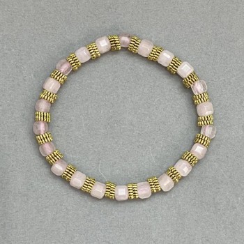 Bracelet Pink Quartz Faceted Cube 5mm +/- with Metal Inserts, 18cm Long +/- Stretch