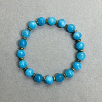 Aquamarine bracelet with smooth round beads, 8 mm diameter ±, with metal inserts, length 18 cm ±, elastic