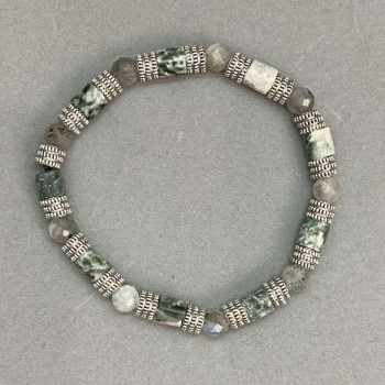 Bracelet with Moss Agate Cylindrical Beads 6x6 mm and Labradorite Faceted Beads 6 mm on Elastic, 18 cm
