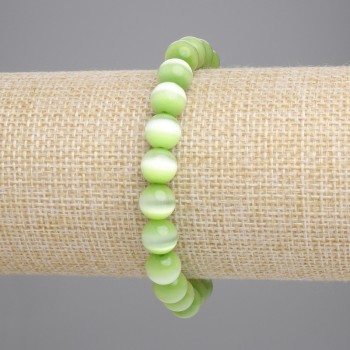 Salad-green Cat's Eye Bracelet with Smooth Beads, 8mm Diameter, 18cm Length, Stretch