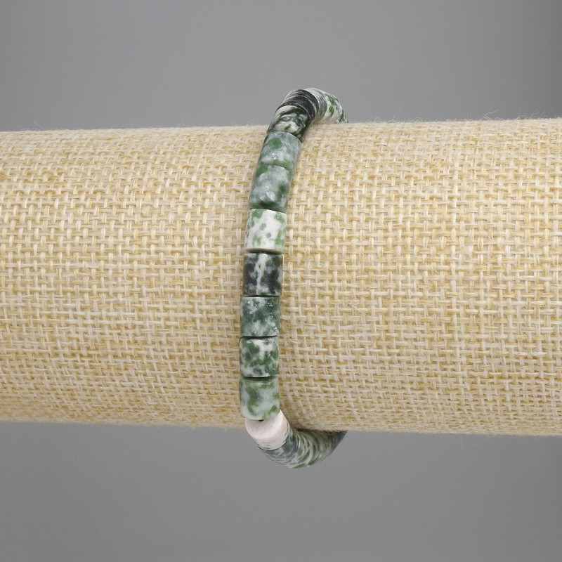 Moss Agate Bracelet, Cylindrical Beads 6x6 mm, 18 cm Length, Stretch