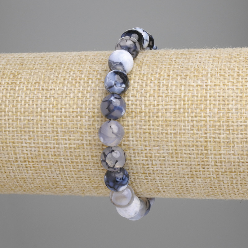 Dragon Veins Agate Bracelet with smooth beads, 8 mm diameter, 18 cm length, stretch