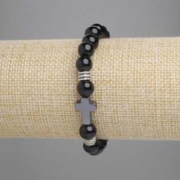 Agate Bracelet with Smooth Beads, 8 mm Diameter; Hematite Cross 14x10 mm; Length 18 cm; Stretch