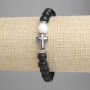 Shungite Bracelet with Smooth 8 mm Beads, Kaolon Bead 8 mm, Hematite Cross 14 x 10 mm, Length 18 cm, Elastic Stretch