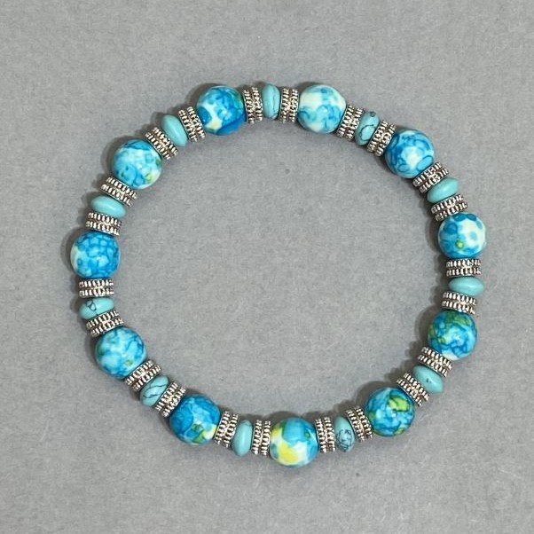 Variscite Bracelet with Smooth 8mm Beads and Turquoise Rondelles 6x3mm, with Metal Inserts, 18 cm Long, Elastic
