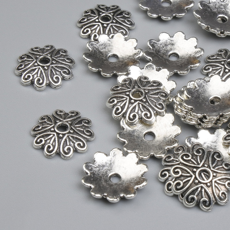 Bead caps for beads, silver metal color, diameter 11x1 mm +/-, hole diameter 2 mm +/-, packaging 26 pcs +