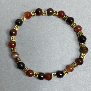 Tiger's Eye and Agate Bracelet with Smooth 6mm Beads, Metal Inserts, 18 cm Stretch Bracelet