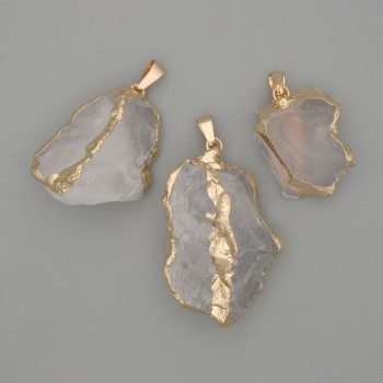 Pendant with Rock Crystal, Unpolished Stone ~ 40×28 mm +/- Assorted Sizes, Gold-Tone Metal