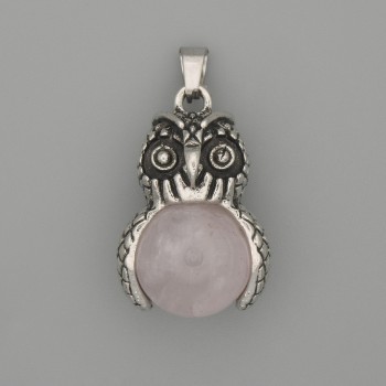 Owl Pendant with Rose Quartz in Silvery Metal, 30x20 mm diameter ±, 37 mm length ±