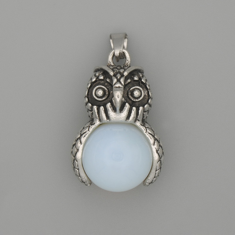 Owl Pendant with Moonstone in Silver-Toned Metal, 30x20 mm diameter, approx. 37 mm long