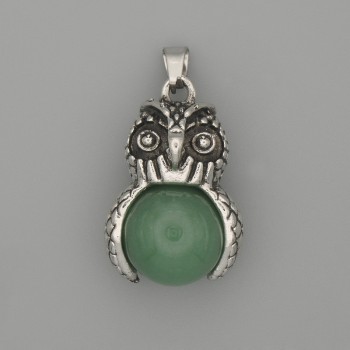 Owl Pendant in Jade with Silvery Metal, 30×20 mm, length 37 mm ±