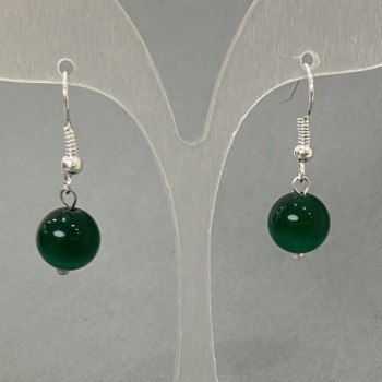 Earrings with Green Cat's Eye, Smooth Bead, 10mm diameter, 30mm+ length