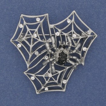 Spider on the Web Brooch with White and Black Rhinestones, Silver-Toned Metal 43x43mm+