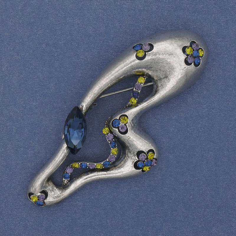 Accent Brooch-Pendant with Crystals, Silver Metal 73x32 mm+
