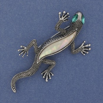 Lizard Brooch with Mother-of-Pearl and Green Crystals, Silver-Tone Metal 34x67 mm