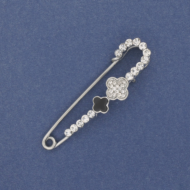 Shamrock Brooch Pin with White Rhinestones, 58 × 15 mm, silver-tone metal