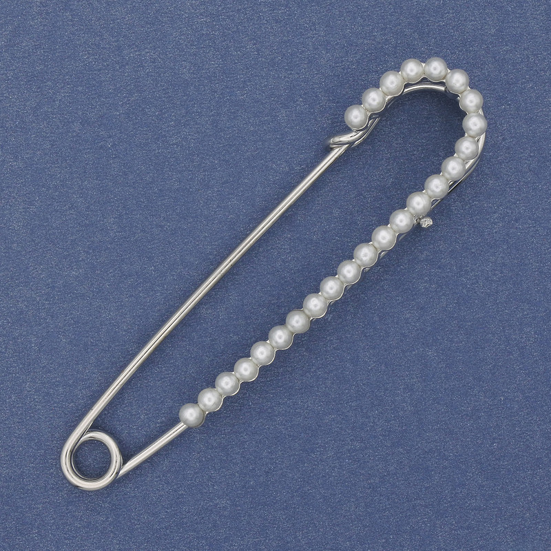 Brooch pin with white pearls 70x16mm +/- silver metal