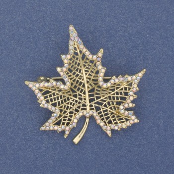 Brooch 'Klinovyi Leaf' with Rainbow Rhinestones, Gold-Tone Metal, 45x44mm+