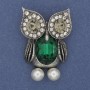Brooch Owl with Green Crystal, White Rhinestones, Silver-Toned Metal, Diameter 42x29 mm+