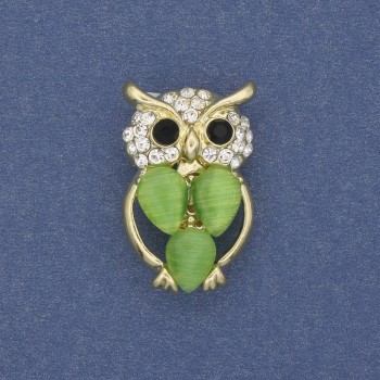 Owl Brooch with Cat's Eye Stone and White Rhinestones, Gold-Toned Metal, Diameter about 15 mm, Length about 25 mm