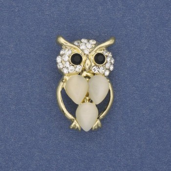 Owl Brooch with Cat's Eye Stone and White Crystals in Gold-Toned Metal, Diameter 15 mm ±, Length 25 mm ±
