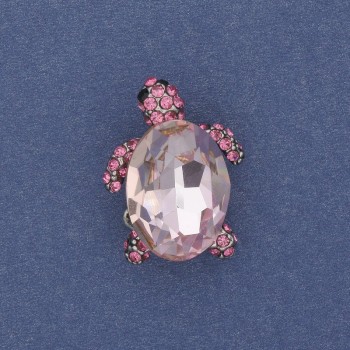 Turtle Brooch Pendant with Pink Crystal Rhinestones, Silvery Metal, 25×18 mm+