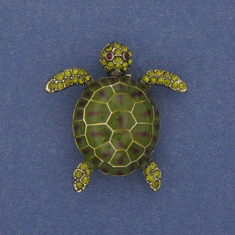 Turtle Brooch - Green Enamel with Crystals, Gold-Tone Metal 35x32mm+