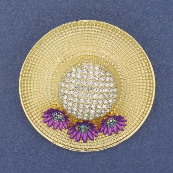 Hat Pendant Brooch with White Crystals, Violet Enamel, Gold-Tone Metal 53 mm+