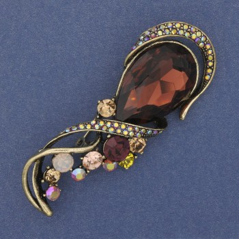 Accent Brooch with Brown Crystal, Colorful Rhinestones, Golden Metal 72×30mm+