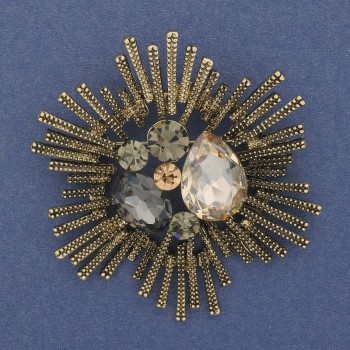 Accent Brooch Pendant with Gray and Yellow Crystals, Bronze-Gold Metal 60mm+