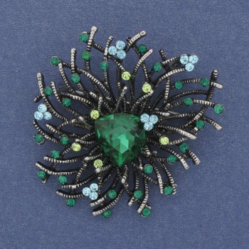 Accent Brooch Pendant with Green Crystal, Rhinestones, Gold-Tone Metal, 47x42 mm+