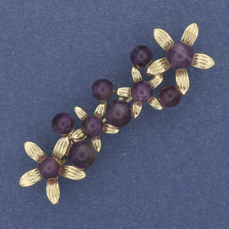 Brooch 'Amethyst Flowers' Gold-tone metal 55×17 mm+