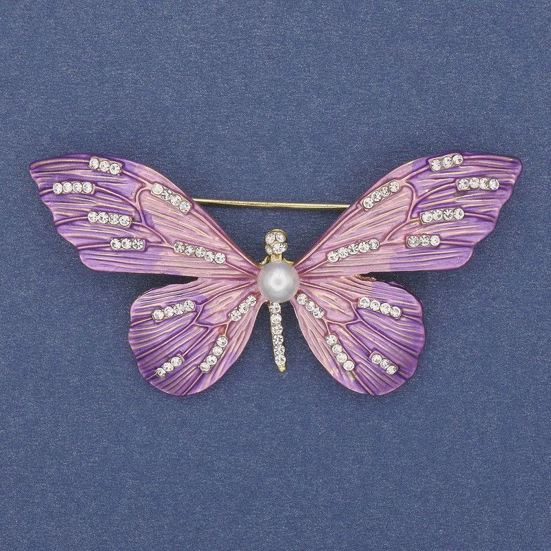 Butterfly Brooch with White Crystals, Enamel, Gold-Tone Metal 60×35 mm+
