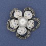 Haliotis Flower Brooch Pendant with White Pearl and Rhinestones, Silver-Tone Metal 37mm+