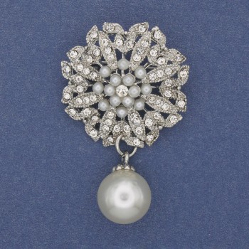 Accent Brooch with Pearl Pendant and Crystals, Silvery Metal, 33×53 mm+