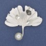 Brooch Leaf with White Pearl, Rhinestones, Silver-Tone Metal 45×45 mm+