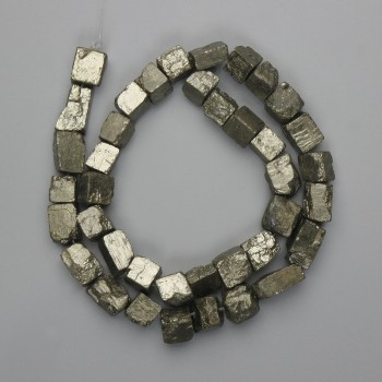 Pyrite beads, natural stone, unpolished, tumbled, diameter 4–12×7–11 mm, length 38 cm on thread